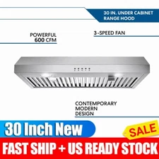 Kitchen 30 inch Under Cabinet Range Hood 3-Speed 600CFM Vent w/LEDs Sliver New