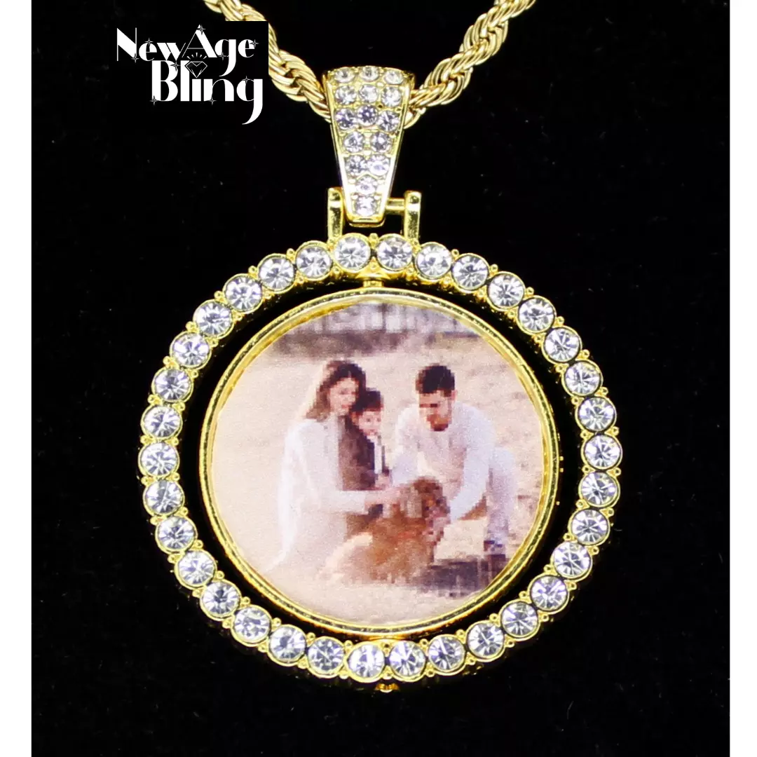 Custom Picture Spinner Photo CZ Double Sided Pendant 14k Gold