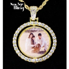 Picture Spinner CZ 2 Sided Pendant + Glass Gold Plated Stainless Steel Necklace
