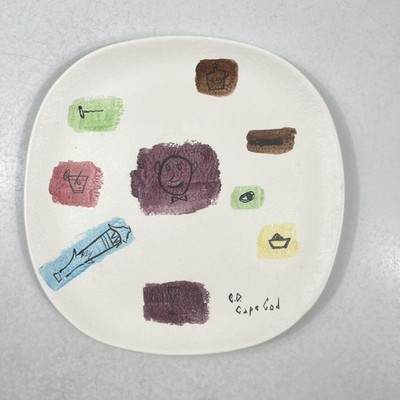 MCM Decorative Pottery Plate Signed E.D. Cape Cod Bartender Bar Decor Handpaint