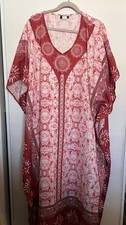 Ashro Red White Mandala Sun Kaftan Dress Kimono Sleeve V-Neck One Size