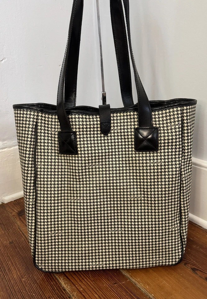 Vtg Ralph Lauren Houndstooth Tote Bolsa de Ombro Revestida de Lona de Couro - Imagem 3 de 4