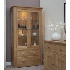 Solid Oak Glazed Display Cabinet, Torino Oak 2 Drawers Living Room Furniture New