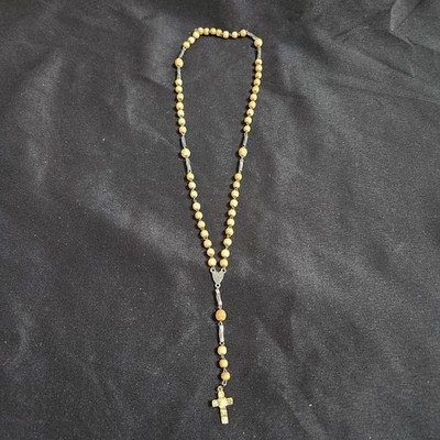 Vintage Ivory Color Bead Metal Bar Rosary Necklace Cross Catholic Lent Easter