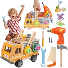 Kids Wooden Tool Set Toy w/ Drill, Hammer  38PCS Construction Truck - Ages 1-6