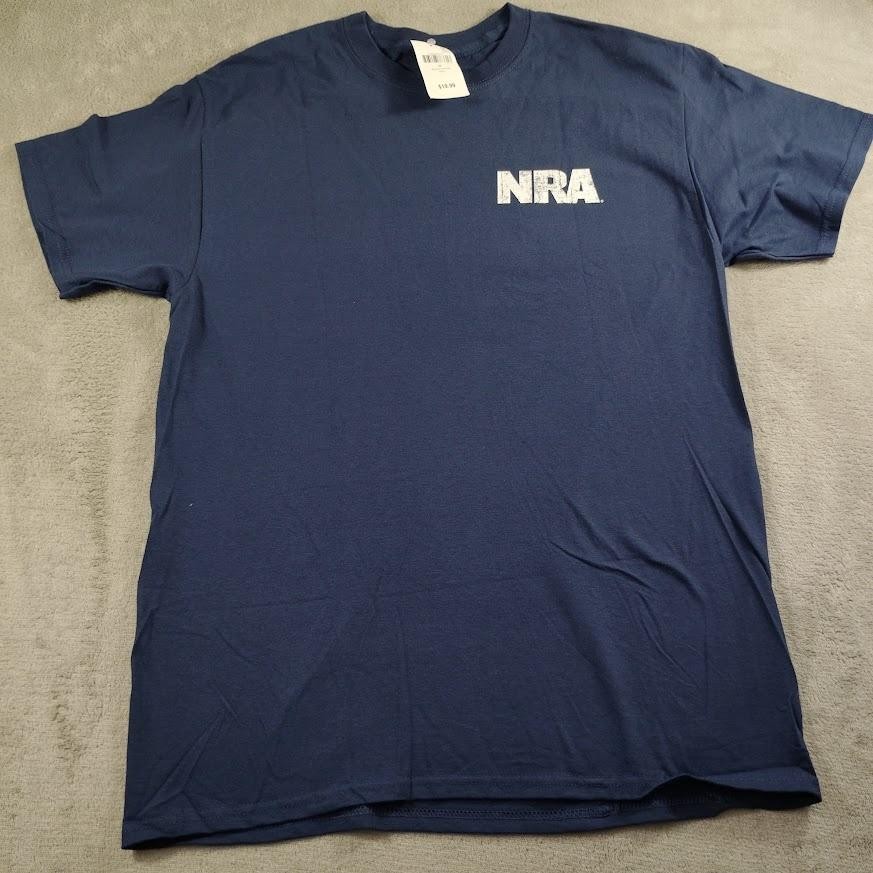 NRA Shirt Mens Medium Blue Graphic Back Logo Crew Neck Tee Short Sleeve