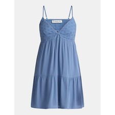 No Boundaries Woven Eyelet Mini Dress Crochet Trim Blue Moonlight XS (0-2) NWT