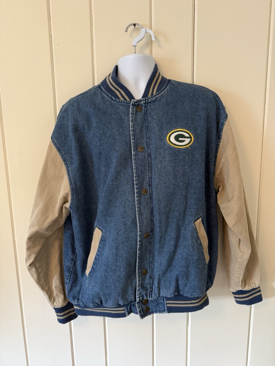 Lee Sport Green Bay Packers Denim Varsity Jacket Vintage Snap Up