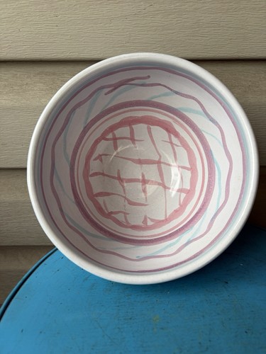 Vintage A. White Pastel Quirky Whimsy Abstract Art Pottery Redware Bowl 7"