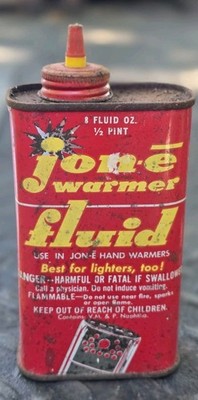 Vtg Jon-e Hand Warmer Fluid Aladdin Labs 1/2 Pint Metal Oil Tin Litho Display