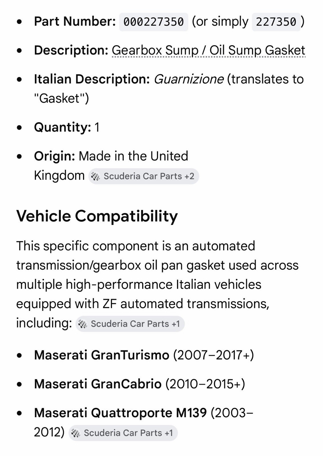 Maserati OEM Oil Gasket 000227350 fits 2007-2017 Grand Turismo, others