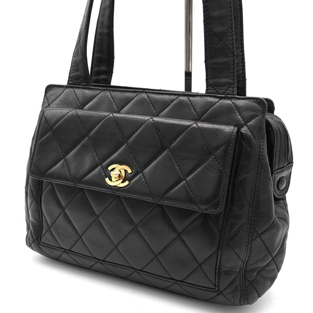 Chanel Black Lambskin Turnlock Shoulder Tote Bag