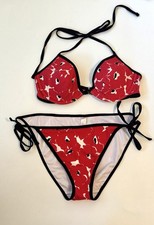 Victorias Secret Red Poppy Floral Black Trim Tie Bikini, Bottoms- M, Top- 34B