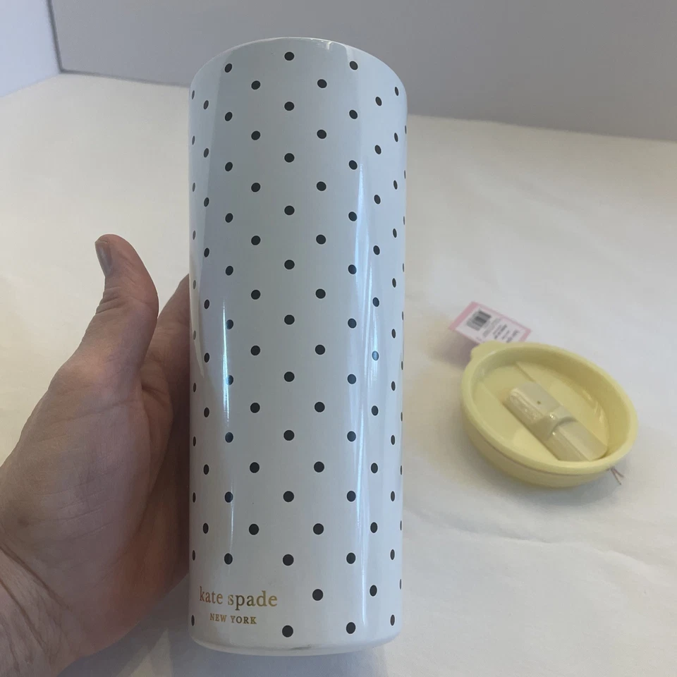 Kate Spade 24 oz. Tumbler Letter T Black White Polkadot Yellow Lid Coffee Tea - Image 3 of 4