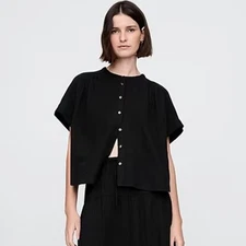 Gap NEW Oversized Black Cotton Gauze Short Slv Dolman ButtonUp Boxy Top XXL TALL