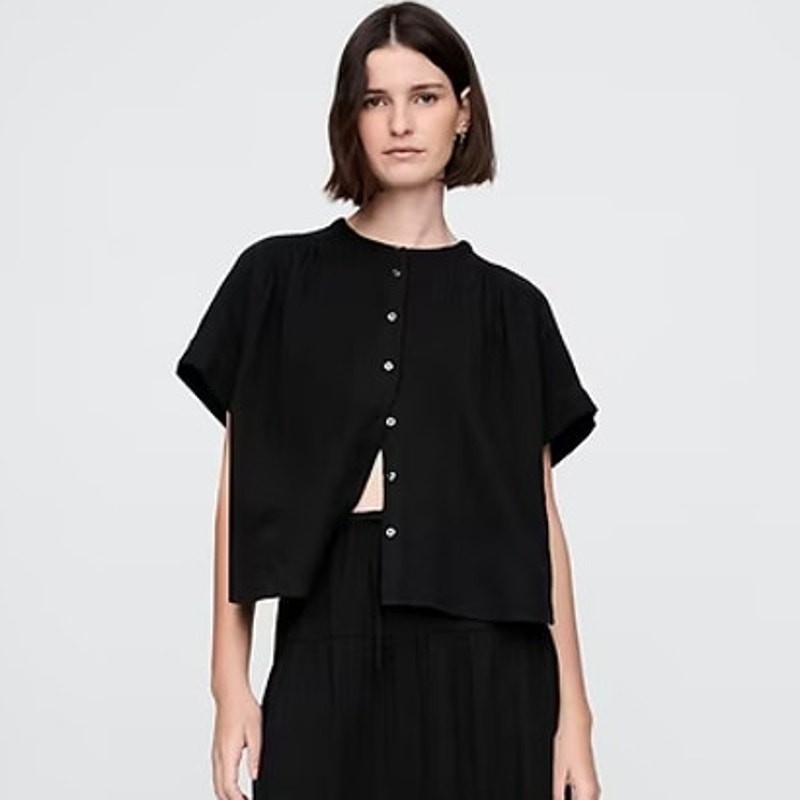 Gap NEW Oversized Black Cotton Gauze Short Slv Dolman ButtonUp Boxy Top XXL TALL