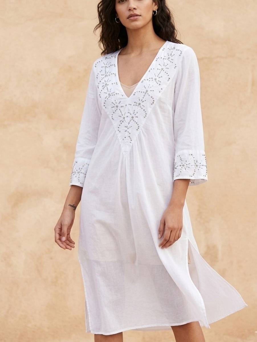 Zara Basic White Cotton Embroidered Beaded Tunic Midi Dress Boho Side Slit  S | eBay