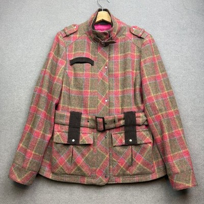 NESS Tweed Field Coat UK 12 Wool Country Jacket Plaid Tartan Check Belt Hacking