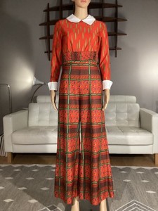 Vintage 70’s Gay Gibson Equestrian Print Long Sleeve Wide Leg Jumpsuit Disco