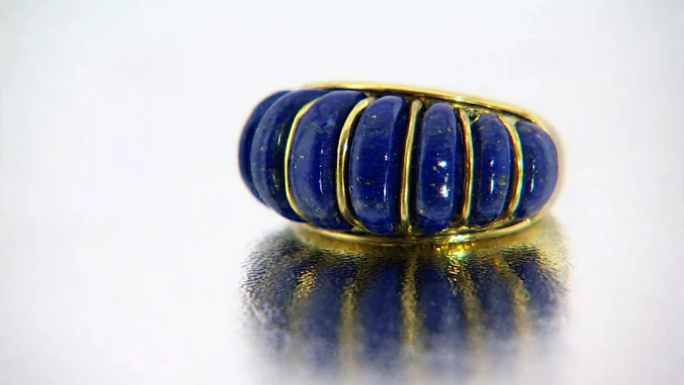 925 Sterling Silver Gold Plated Carved Natural Lapis Lazuli Domed Ring Size 7 - Image 2 of 4