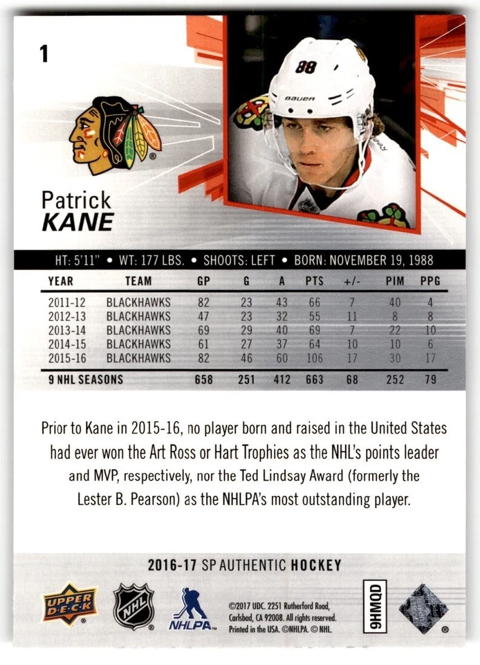 2016-17 Upper Deck SP Authentic Patrick Kane #1 Chicago Blackhawks - Image 2 of 2