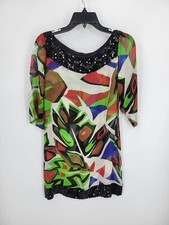 Cache Dress Womens Small Artsy Print Sheer Sequined Neckline Sheath Art Deco
