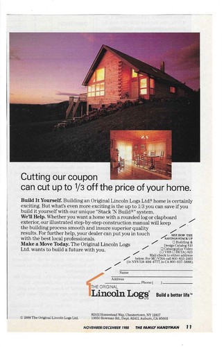 1988 Original Lincoln Logs Homes "Build A Better Life" Vintage Werbung