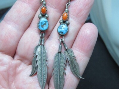 native American turquoise feather earrings sterling
