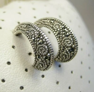 Stunning Vintage Western Art Deco Gray Hematite Filigree Hoop Post Earrings 925