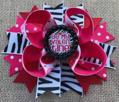 Be My Valentine Hearts Zebra Pink Red Bottle Cap Hair Bow 5''