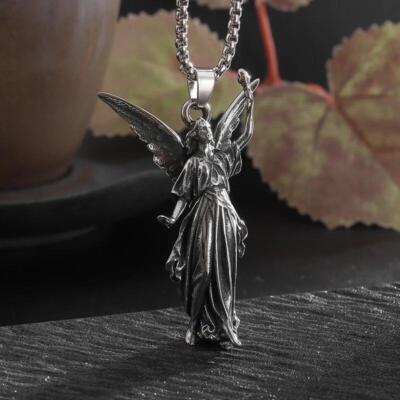 Retro Silver Plated Goddess Angel Wings Pendant Necklace Lucky
