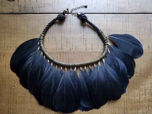 Black Feather Choker W/ Silk Cord Copper Rings. One Of A Kind. Native Style. - Picture 3 of 10