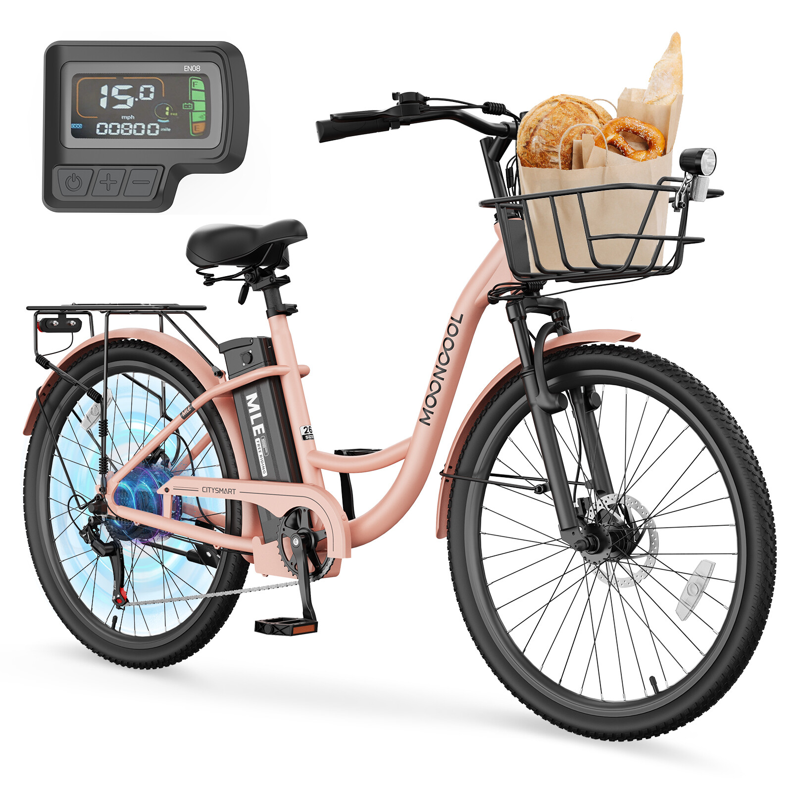 MOONCOOL 24" 26" Electric Bike for Adults 700W Peak 7-Speed City Cruiser Ebike