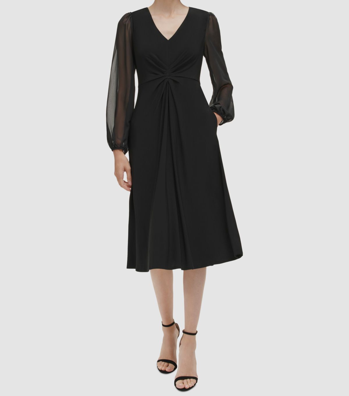 Jessica Howard Size 6 Black Chiffon-Sleeve Midi Dress, Long Sleeves