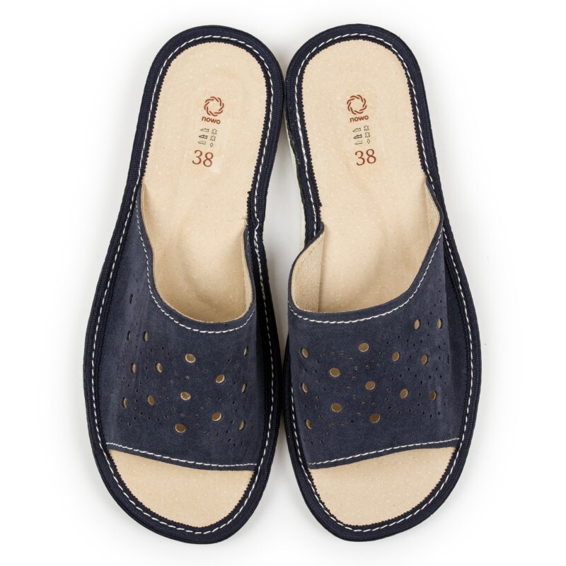Womens Ladies Slippers Home Shoes Suede Natural Leather Navy Blue