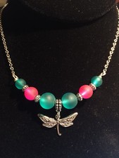 Dragonfly Charm With Sea Glass Style Beads, Antique Silver Spacers Steel Chain