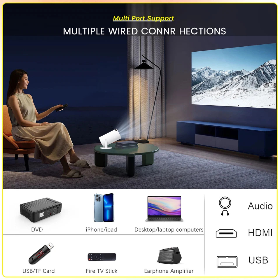 4K Mini Projector 10000 Lumen LED 1080P WiFi Bluetooth UHD Portable Home Theater - Image 2 of 4
