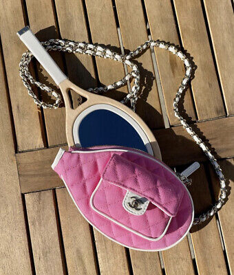 New 23c Chanel Runway Barbie Pink & White Tennis Racket Mirror Handbag Bag  💝slg