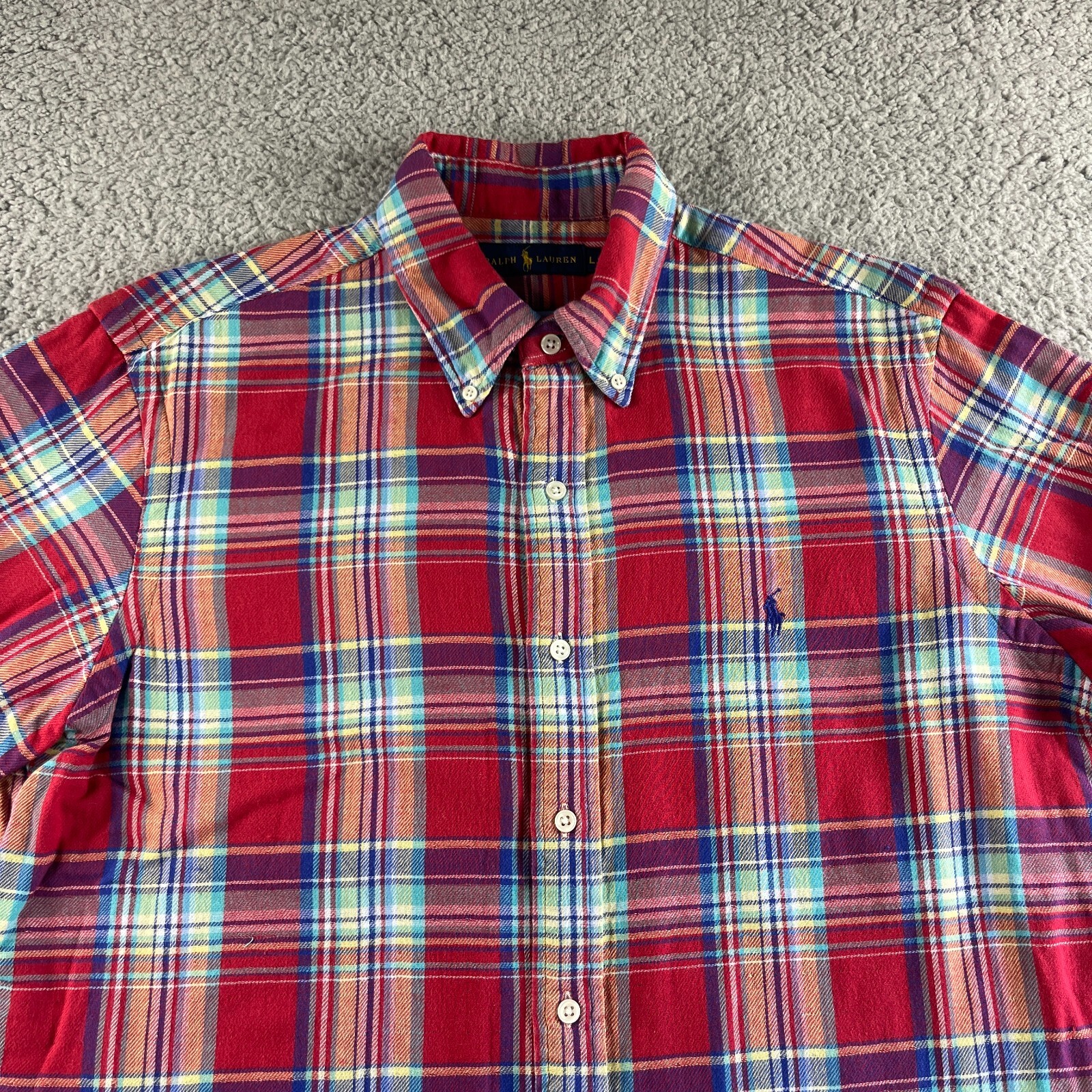 NEW Ralph Lauren Shirt Mens Large Red Blue Madras Plaid Flannel Button Up Casual