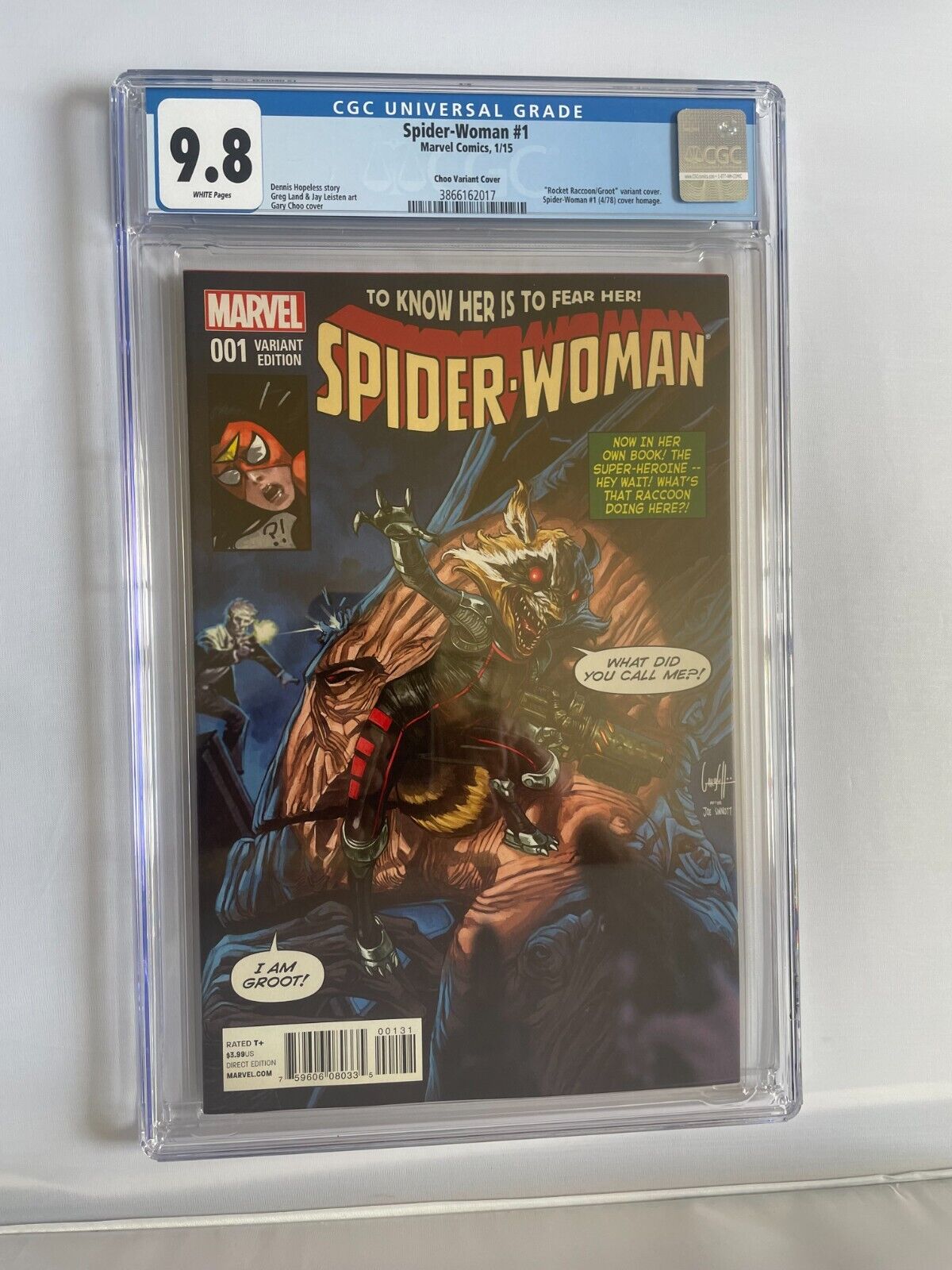 SPIDERWOMAN #1  CGC 9.8! GARY CHOO COVER! ROCKET RACCOON GROOT VARIANT COVER!