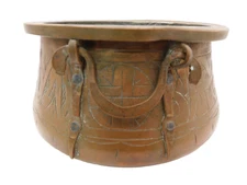 Vintage Hand Tooled Copper Arts & Crafts Bowl Pot Cauldron Tin Lining Carved