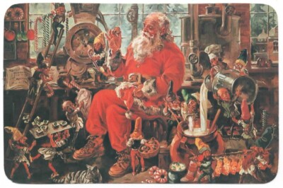 PLEASANT PRAIRIE WI Postcard CHRISTMAS SANTA Elf Workshop/Cat, BELLEVUE OH 1982
