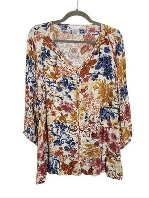 CJ Banks Colorful Abstract Floral V-Neck Blouse Size 2X