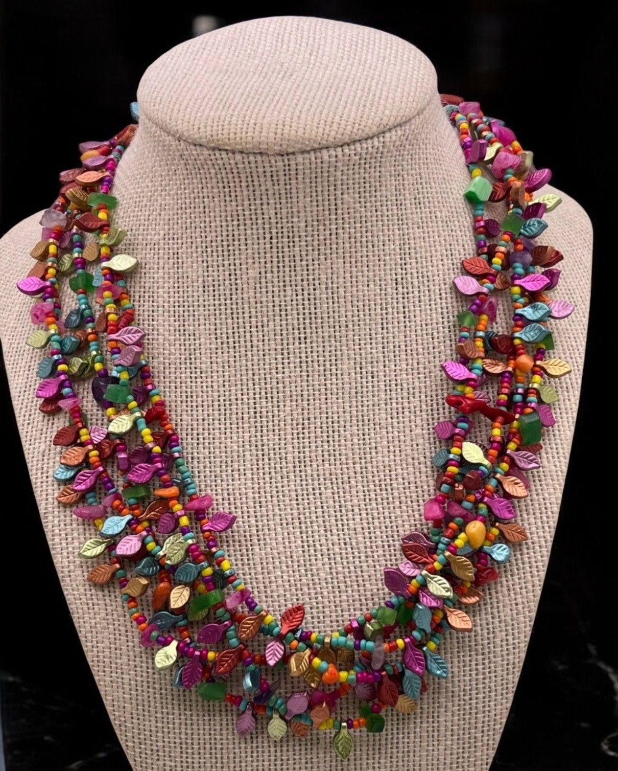 Boho Multi Strand Leaf Beaded Statement Necklace … - image 1