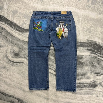 Vintage No Bull 1990's Hindu Deity Blue Denim Size 40 x 29 Straight Leg Jeans