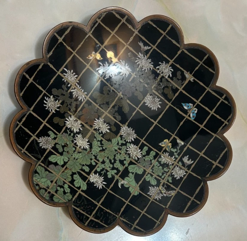 Placa/prato de esmalte japonês antigo cloisonne Meiji c1890 - Imagem 3 de 4