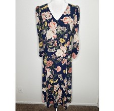 Eliza J Womens Navy Blue Floral V-Neck Long Sleeve Maxi Dress Size 12