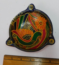 Vintage Terracotta Mexican Pottery 3 Leg Ashtray Handmade Painted Bird Acapulco
