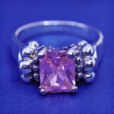 Size 6, vintage Sterling 925 silver handmade statement ring with pink crystal