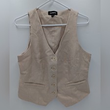 Express Beige Linen Blend Button Front Tailored Vest Waistcoat Top Neutral Sz M